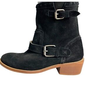 Musse & Cloud moto black suede Stitched Ankle buckle boots By Anthropologie Sz 8